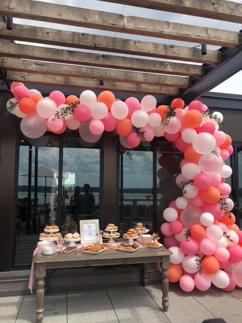 Grad party dessert table. Desert Table Graduation, Pink Orange White Grad Party, Graduation Party Ideas Color Schemes, Girly Grad Party Ideas, Desert Table Grad Party, Love Shack Fancy Grad Party, Pink Orange Grad Party, Grad Party Colors, Graduation Party Ideas Pink And Orange