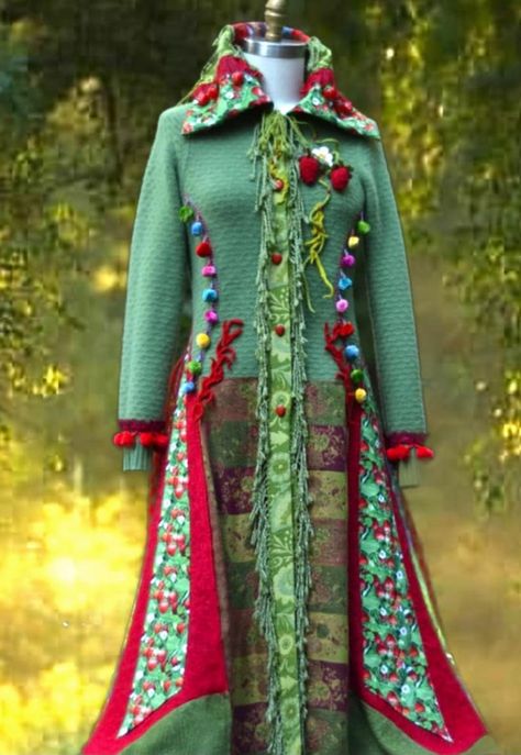 Boho Sweater Coat, Forest Queen, Ropa Shabby Chic, Long Sweater Coat, Wearable Art Clothing, Mode Retro, Boho Pullover, Green Corset, Patchwork Coat