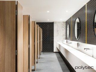 COMPACT LAMINATE / Photo Gallery / Polytec Office Bathroom Design, Commercial Bathroom Ideas, Office Bathrooms, Public Restroom Design, Public Washroom, Commercial Bathroom Designs, Trip Design, Compact Laminate, Commercial Bathroom