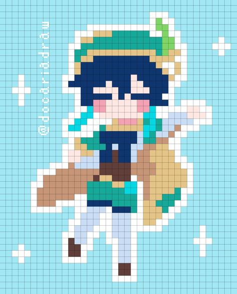 Anime Pixel Art Genshin Impact, Venti Perler Beads, Genshin Pixle Art, Genshin Perler Beads Pattern, Pixel Art Pattern Genshin, Genshin Impact Pixel Art Grid, Genshin Pixel Art Grid, Genshin Impact Perler Bead Patterns, Genshin Impact Cross Stitch