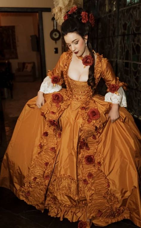 Orange Victorian Dress, Georgian Era Dress, Georgian Era Fashion, Rococo Fashion 18th Century, 18th Century Ball Gown, 1770s Fashion, Georgian Dress, 18th Century Gown, Rococo Dress