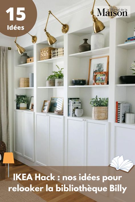 Bibliothèque classique et intemporelle, le modèle Billy d’IKEA est facile à personnaliser. Voici 15 idées de relooking à copier ! Decorate Shelves, Billy Ikea, Ikea Built In, Billy Bookcase Hack, Ikea Billy Bookcase Hack, Ikea Bookcase, Bookcase Diy, Living Room Built Ins, White Bookshelves