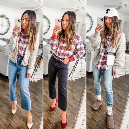 Holiday Plaid Shirt Outfit, Flannel Christmas Outfit, Christmas Flannel Outfit, Plaid Shirt Outfit Women, Red Flannel Outfit, Holiday Fits, Casual Holiday Outfits, Holiday Flannel, Plaid Shirt Outfits