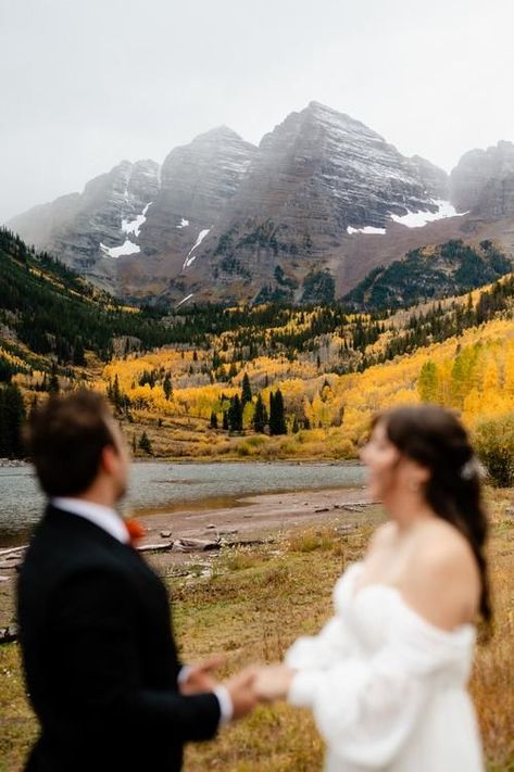 A fall elopement at the Maroon Bells Amphitheater in Aspen, Colorado. Photos and video by elopement team Authentic Collective. Maroon Bells Amphitheater Wedding, Colorado Fall Elopement, Maroon Bells Colorado, Colorado Photos, Snowmass Colorado, Bells Wedding, Fall Elopement, Colorado Fall, Nye Wedding