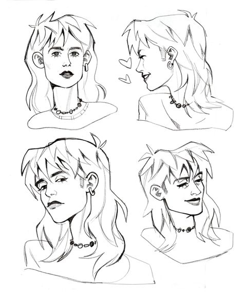 Comic Book Concept Art, Comic Artstyle Tutorial, Stylized Self Portrait, How To Draw Wolf Cut Hair, Mullet Drawing Reference, Pixie Cut Drawing, Wet Hair Drawing, Bangs Drawing Reference, Mullet Drawing