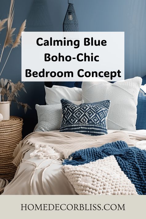 boho chic bedroom Boho Chic Bedroom Blue, Boho Navy Bedroom, Blue Bohemian Bedroom, Calming Blue Bedroom, Blue Boho Bedroom, Master Remodel, Bedroom Concept, Serene Design, Bedroom Updates