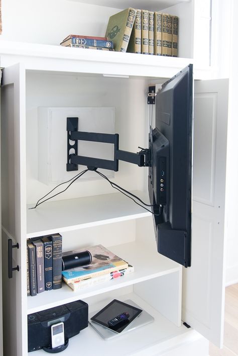 Friday Feels - Hidden TV Cabinet Built-ins - The Lilypad Cottage Hide Your Tv, Hidden Tv Cabinet, Tv Wall Panel, Tv Cupboard, Swivel Tv Stand, Tv Wall Cabinets, Tv In Kitchen, Living Room Built Ins, Hidden Tv