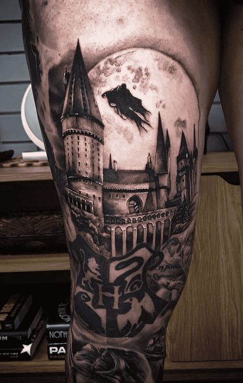 Hogwarts Tattoo Design Images (Hogwarts Ink Design Ideas) Hogwarts Leg Tattoo, Harry Potter Sleave Tattoo, Hogwarts Tattoo Design, Harry Potter Arm Tattoo Ideas, Harry Potter Back Tattoo, Harry Potter Leg Sleeve, Harry Potter Tattoos Men, Hogwarts Legacy Tattoo, Harry Potter Leg Tattoos