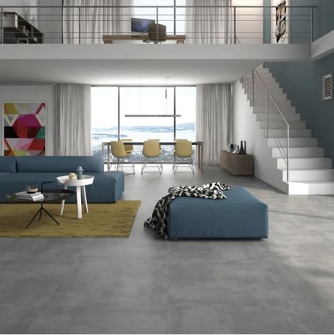 Grey Floor Tiles Living Room, Grey Tiles Living Room, Concrete Look Wall, Tiles Living Room, Tile Floor Living Room, Grey Floor Tiles, Luxury Bedroom Master, Grey Tiles, Grey Flooring