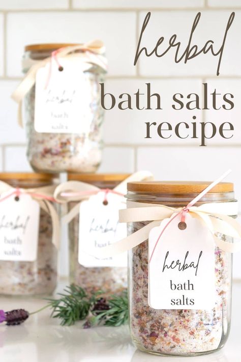 When added to your hot bath, this Herbal Bath Salts recipe offers many beneficial properties for your mind and body and is easily made in bulk for your own use or to give as gifts.