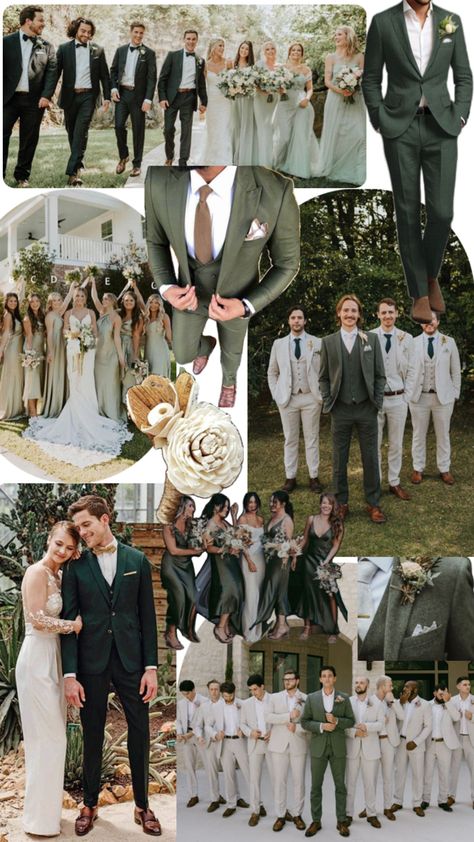 Green And Grey Suit Groomsmen, Groom Attire Olive Green, Sage Green Wedding Colors Groomsmen, Deep Olive Green Wedding Theme, Olive Green Beach Wedding Theme, Green Theme Wedding Party, Green Tuxedo Wedding Groomsmen, Fall Wedding Tux Groom Attire Green, Bride Groom Bridesmaids Groomsmen