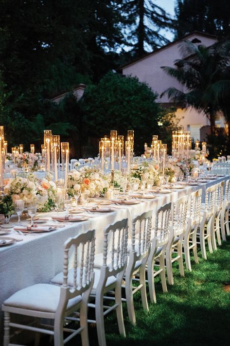 Long Outdoor Wedding Table with Taper Candles Wedding Tapered Candles, Tapered Candles Wedding, Luxury Garden Wedding, Outdoor Wedding Ceremony And Reception, Outdoor Wedding Tables, Taper Candles Wedding, Elegant Outdoor Wedding, Long Table Wedding, Honeymoon Registry