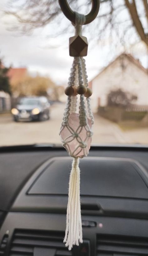 Diy Car Air Diffuser, Macrame Badge Reel, Macrame Crystal Wall Hanging, Macrame And Crystals, Macrame With Crystals, Macrame Crystal Hanger, Macrame Witch, Diy Macrame Tutorial, Crystal Macrame