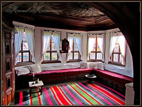 BULGARIA-Tryavna old house Turkish Interior Design, Serbian Architecture, Wooden Sofa Designs, Floor Seating, Interior D, Big Windows, Rustic Living, Indian Home, Indian Home Decor