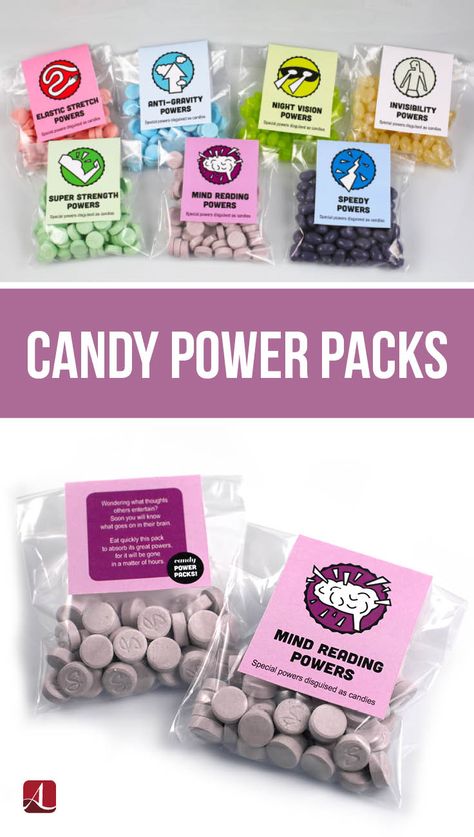 Be a Bake Sale Superhero with Easy-to-Assemble Candy Power Packs! Perfect for a super hero themed kids birthday party! #superheroes #superheroparty #printable Superhero Goody Bag Ideas, Super Hero Party Favor, Superhero Party Food, Superhero Snacks, Superhero Candy, Superhero Birthday Party Favors, Superhero Party Bags, Hero Ideas, Bake Sale Treats