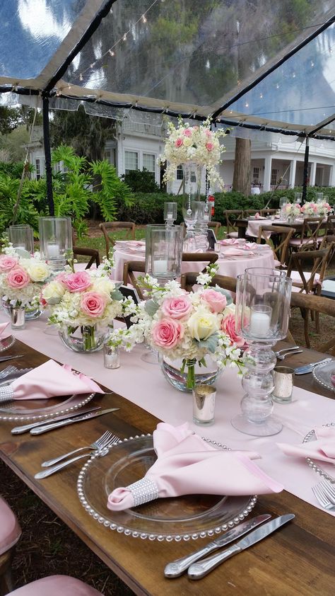 Soft pink roses add a pop of color to these white floral centerpieces we designed for this Cypress Grove Estate House wedding. Shabby Chic 50th Birthday Party, Pink Flower Table Centerpieces, Pink And White Table Decorations, Pink And White Arrangements, Pink Roses Party Theme, Pink Floral Table Arrangements, Pink Rose Table Centerpieces, Sweet 16 Flower Centerpieces, Birthday Table Arrangements