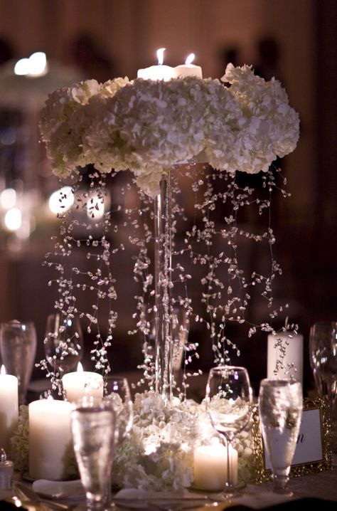 Love this centerpiece....would be great for a spring wedding. Looks like rain coming from the flowers which resemble clouds. Formal Centerpieces, Cloud Theme, Diy Centerpiece, Luxury Party, Canadian History, Winter Wonderland Wedding, Decoration Inspiration, Center Pieces, Cloud 9