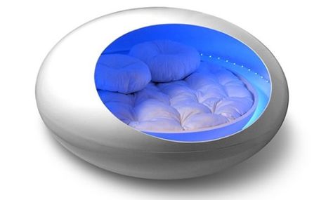 A modern bed that is closest to sleeping on a cloud. The Tranquility Pod is a personal sanctuary to escape and relax. Futuristic Transport, Round Mattress, Pod Bed, Circle Bed, Sleeping Pods, Kid Bedroom, Round Beds, Water Bed, Dreams Beds