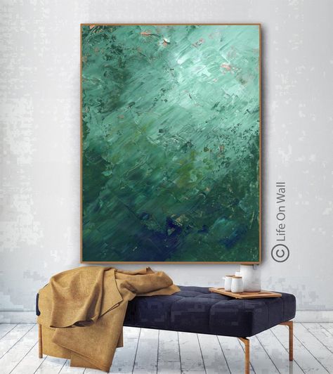 Buy Mint Green Emerald Green Blue Abstract Art Original Oversized Online in India - Etsy Art Canvas Abstract, Green Abstract Art, Canvas Abstract Painting, Family Room Inspiration, Canvas Abstract Art, Monochrome Painting, Abstract Art Canvas, Painting Green, Abstract Art Diy