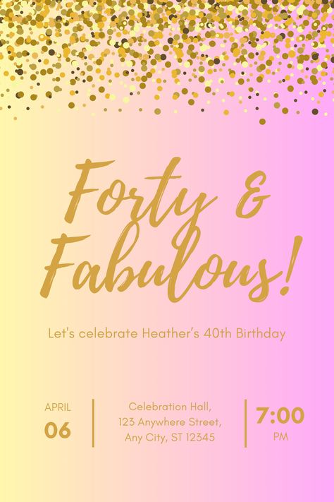 Digital 40th Birthday Invitation Template Set the tone for your upcoming celebration with this glitzy template. The bold and contemporary design will catch their attention and the fun layout will provide all the necessary information and can be sent via text message, email or even printed (Please see other sizes available in shop listings) This is a digital file *only*. No physical items will be provided upon purchase. After purchase, the template is available immediately for editing using Canva Save The Date 40th Birthday Invite, 40th Birthday Ideas For Women Parties, 40th Birthday Invitations For Women, 40th Birthday Invitation Template, 40th Bday Ideas, Forty Birthday, 40th Birthday Invitations, Invitation Party, Design Birthday