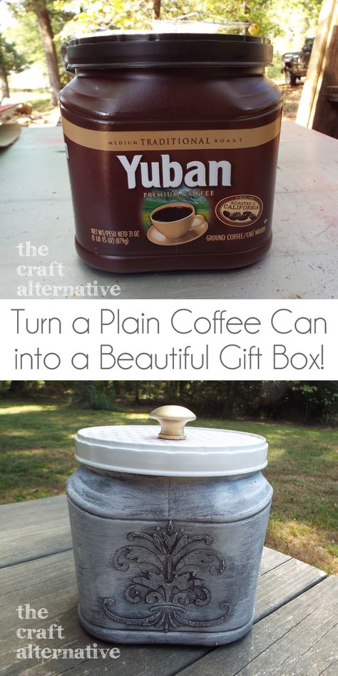 How to Make a Gift Box Using a Plastic Coffee Can Before&After Folgers Coffee Container, Plastic Coffee Cans, Plastic Coffee Containers, Coffee Can Crafts, Reuse Containers, Coffee Canisters, Upcycle Plastic, Repurposing Ideas, Coffee Container