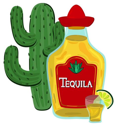 Vector isolated illustration of bottle of tequila, little glass with lemon and cactus on background. Dorm Crafts, Bottle Of Tequila, Mexican Art Painting, Spanish Posters, Travel Clipart, Tequila Bottles, Canvas Painting Designs, Craft Night, Mexican Art