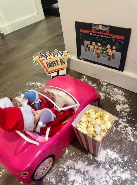 Elf On The Shelf Drive In Movie, Elf Shopping Cart, Elf Drive In Movie, Elf On The Shelf Movie Ideas, Elf On The Shelf Cars, Kindness Elf, Merry Christmas Charlie Brown, Elf Stuff, Elf Ideas Easy