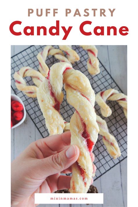 These super cute puff pastry candy canes are really easy to make. Use premade puff pastry and some raspberries to create this fun Christmas treat. Candy Cane Pastry Strawberry, Puff Pastry Treats, Puff Pastry Twists, Cream Candy, Holiday Brunch, Raspberry Filling, Party Trays, Christmas Treat, Printable Recipe Cards