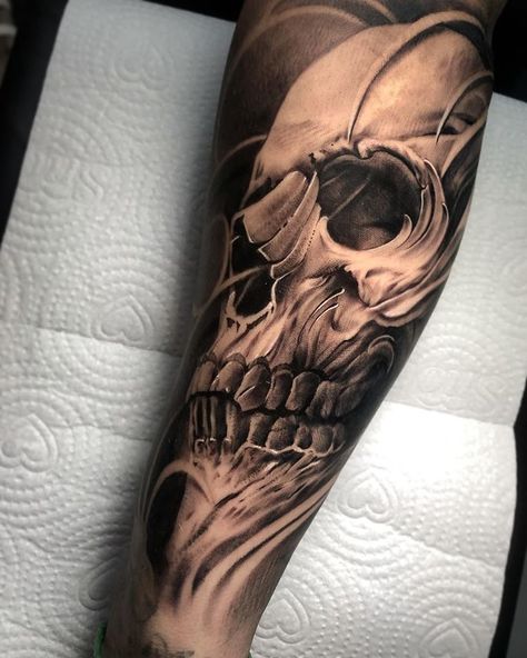 Evil Skull Tattoo, Molecule Tattoo, Skull Sleeve Tattoos, Skull Sleeve, Forarm Tattoos, Forearm Tattoo Design, Skull Art Drawing, Aztec Tattoo, Full Sleeve Tattoos