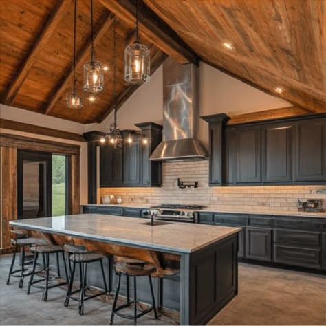 Kitchen High Ceiling, Tall Ceiling Kitchen, High Ceiling Kitchen, Metal Barn House Plans, Metal Barn House, Barndo Ideas, New Home Interior Design, Log And Timber Homes, Country Bedroom Decor