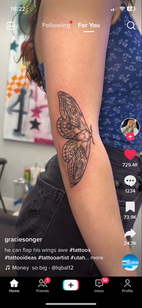 Moth Opening Arm Tattoo, Butterfly Tattoo Inside Elbow, Dragonfly Elbow Tattoo, Moth Tattoo Elbow Crease, Moth Elbow Crease Tattoo, Moth Arm Crease Tattoo, Butterfly Tattoo Elbow Crease, Moth Elbow Tattoo Open Close, Upper Elbow Tattoos For Women