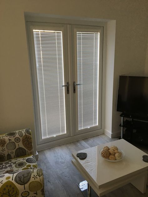 4 Perfect Fit Venetian Blinds fitted in Brixham, as part of a whole house that included several Wood Venetians. http://davemusgroveblinds.co.uk French Door Shutters, Fiberglass French Doors, Blinds For French Doors, Door Treatments, Patio Door Blinds, Door Shades, Patio Blinds, Best Blinds, New House Living Room