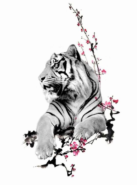 Tiger Tattoo For Women With Flowers, White Tiger Tattoo Design, Female Tiger Tattoo, Tiger And Cherry Blossom Tattoo, Tiger And Flowers Tattoo Design, Tiger And Floral Tattoo, Tiger With Flowers Tattoo Design, Tiger With Roses Tattoo, White Tiger Tattoo