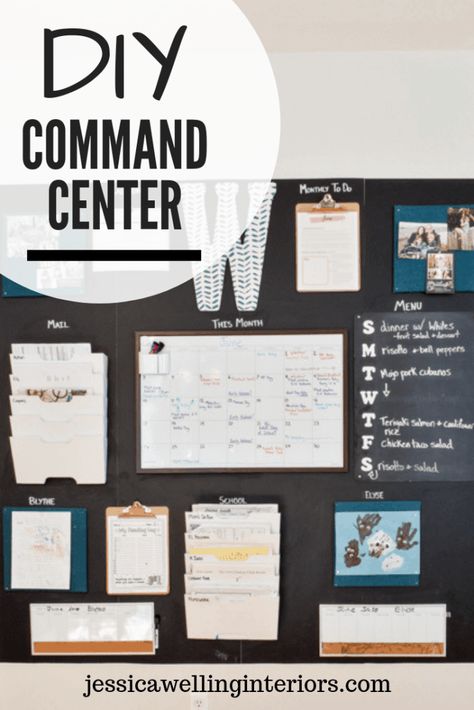 This DIY chalkboard family command center puts everything the kids need for school on a kitchen wall. It could also go in a mudroom or entryway. It has a calendar, menu board, homework organizer, mail sorter, bulletin boards, and more! Wall Calendar Organizer, Homework Organizer, Diy Command Center, Chalkboard Wallpaper, Home Command Center, Homework Organization, Chalkboard Calendar, Mail Sorter, Whiteboard Calendar