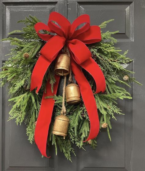 Christmas Wreath With Bells, Wreath With Bells, Traditional Christmas Wreath, Cedar Wreath, Norfolk Pine, Traditional Wreath, Christmas Tree Tops, Christmas Door Wreaths, Christmas Front Doors