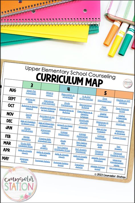 Not sure where to start with your classroom counseling lessons? Grab your free curriculum map from Counselor Station and read about how to plan a year of classroom counseling lessons for your upper elementary students! #schoolcounselor #schoolcounseling #elementarycounselor #elementaryschoolcounseling #curriculummap #SEL #ASCA #AmericanSchoolCounselorAssociation #ASCAStandards Middle School Counseling Lessons, Elementary School Counselor Office, Elementary Counselor, Elementary School Counseling Office, Counselor Activities, Counseling Classroom, Middle School Counselor, Curriculum Map, School Counseling Office