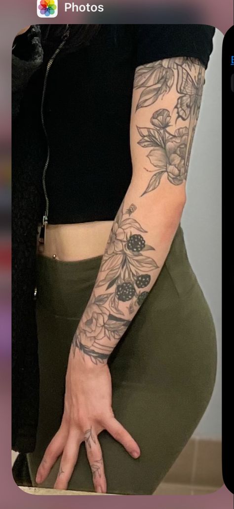 Blackberry Forearm Tattoo, Vines And Flowers Tattoo Sleeve, Blackberry Shoulder Tattoo, Flower Bush Tattoo, Blackberry Bush Tattoo, Blackberry Tattoos, Blackberry Branch Tattoo, Blackberry Flower Tattoo, Blackberry Vine Tattoo