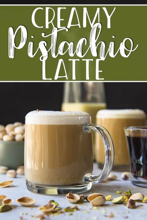 You've never had a cup of coffee like this creamy Pistachio Latte! Freshly brewed espresso, blended with pistachio simple syrup, homemade pistachio milk, and a sprinkle of chopped pistachios on top of a perfect layer of latte foam - it's truly a pistachio lover's dream! #pistachio #latte #cafelatte #coffee #coffeetime #coffeeaddict #espresso #recipe #theprettydish @howsweeteats #breakfast #yummy #drinks Pistachio Coffee, Espresso Recipe, Pistachio Latte, Hot Teas, Pistachio Syrup, Winter Brunch, Kids Drinks, Pistachio Milk, Baking Lessons