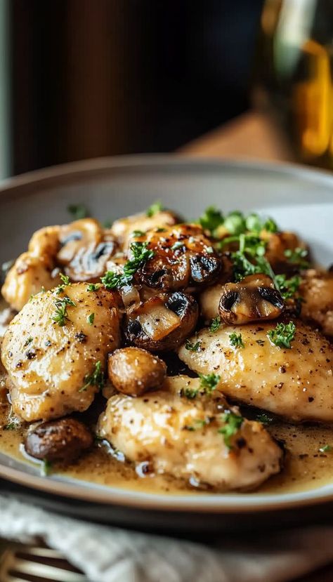 Enjoy a flavorful dinner with this Savory Mushroom Chicken! Tender chicken breasts are sautéed with earthy mushrooms and finished in a rich creamy sauce. Perfect for weeknight dinners or entertaining guests, this dish pairs wonderfully with rice or pasta for a complete meal that’s both comforting and satisfying! Chicken Breast Mushroom Recipes, Fine Dining Recipes Main Courses, Chicken Breast With Rice, Chicken Breast And Rice, Mushroom Chicken Recipe, Food Essentials, Mushroom Recipes Pasta, Meat Meals, Flavorful Dinner