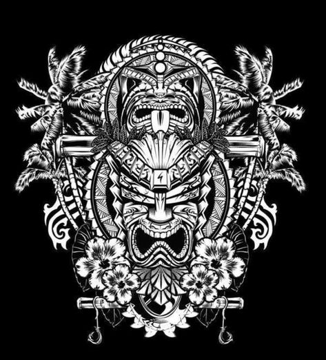 Hawaiian Warrior Tattoo, Benjamin Everett, Tiki Artwork, Hawaiian Flower Tattoos, Samurai Warrior Tattoo, Tropical Tattoo, Tiki Tattoo, Black Tattoo Cover Up, Polynesian Tattoo Designs