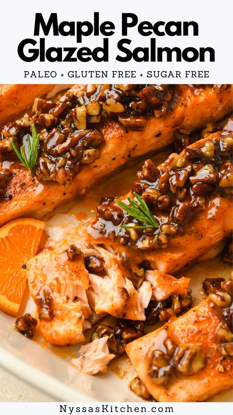 You are going to love this delightful maple pecan glazed salmon! Oven baked and well seasoned, this elegant salmon dish is impressive but easy to make. Made with healthy whole food ingredients that come together to create the most delicious meal with the best homemade maple glaze. Perfect for the holidays or for date night in! Gluten free, refined sugar free, dairy free option, and paleo. Salmon Oven Baked, Salmon Oven, Maple Salmon, Pecan Sauce, Maple Glazed Salmon, 30 Minute Meals Healthy, Buffet Ideas, Yummy Meals, Maple Pecan