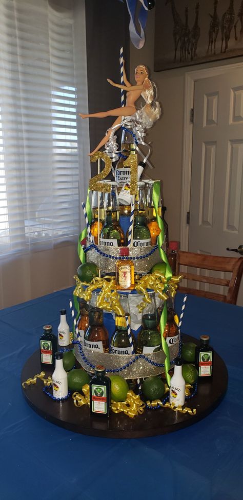 21st birthday corona bottle cake, accompanied by some minis jager,rum,fireball Mini Bottle Cake, 21st Bday Cake, Bottle Cake, Birthday Cake For Him, 21st Birthday Cakes, Alcohol Bottles, Gorgeous Cakes, Mini Bottles, Plastic Bottle