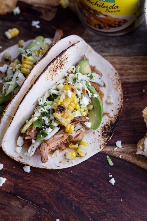 Crockpot Enchilada Pork Tacos w/Sweet Corn Slaw | halfbakedharvest.com @hbharvest Crockpot Tacos, Corn Slaw, Taco Dinner Recipes, Pork Taco, Latino Recipes, Healthy Taco, Slow Cooker Enchiladas, Half Baked Harvest Recipes, Taco Dinner