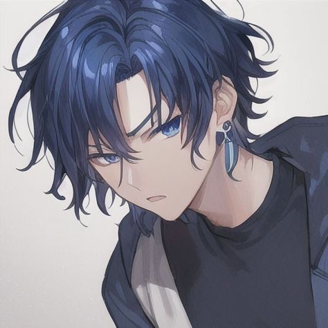 Anime Guy With Earrings, Blue Eyed Anime Characters, Blue Hair Red Eyes Anime Guy, Blue Hair Blue Eyes Anime Guy, Blue Eyes Art Anime, Blue Hair Guy Anime, Purple Eyed Anime Guy, Blue Haired Male Character, Cute Anime Guys With Blue Hair