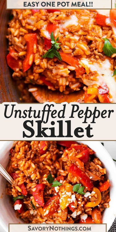 Simple Dinner Recipes Hamburger Meat, Meal Prep Skillet Meals, Easy Dinner With Peppers, Unstuffed Sausage And Peppers, One Skillet Rice Meals, Pepper And Rice Recipe, Stuffed Pepper Skillet Healthy, Unstuffed Pepper Meal Prep, Skillet Rice Meals