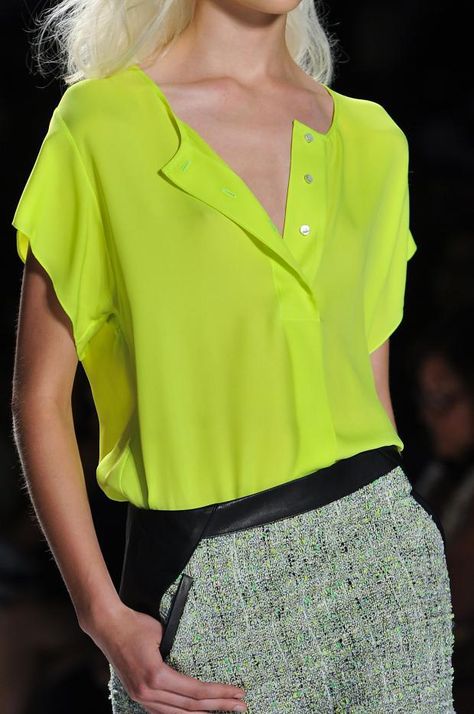 #Neon #Blouse #Runway #Tweed #Details #Style #Fashion #BiographyInspiration Neon Blouse, Girls Rockstar, 2014 Pictures, 2014 Runway, Chartreuse Color, West Coast Fashion, Bright Dress, Marissa Webb, Fashion Week Spring 2014