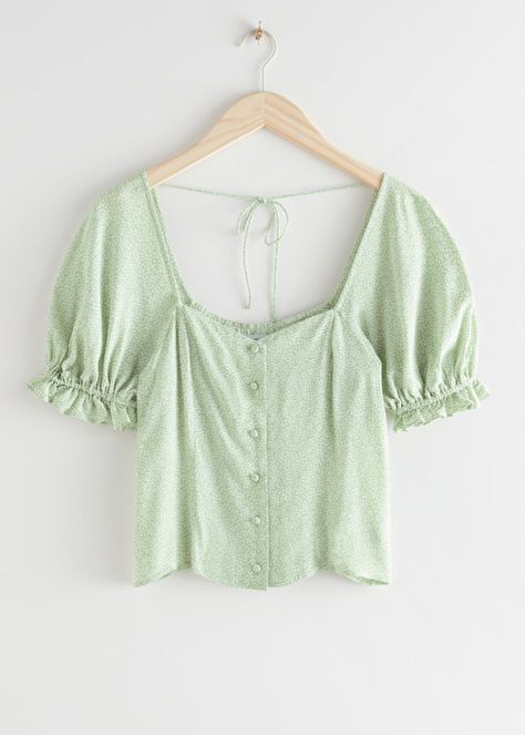 Back Tie Top, Blouse Casual Fashion, Straight Clothes, Feminine Blouses, Shoulder Shirts, Green Print, Puff Sleeve Top, Fashion Story, Tie Top