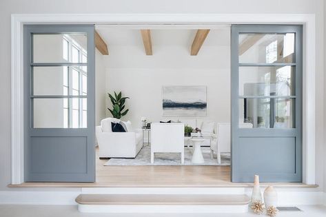 Gray Pocket Doors to Living Room - Transitional - Living Room Pocket French Doors, Sliding French Doors Patio, White Sofa Set, Blue Home Offices, Wood And Metal Desk, Glass Pocket Doors, California Room, Sliding French Doors, Living Room Transitional