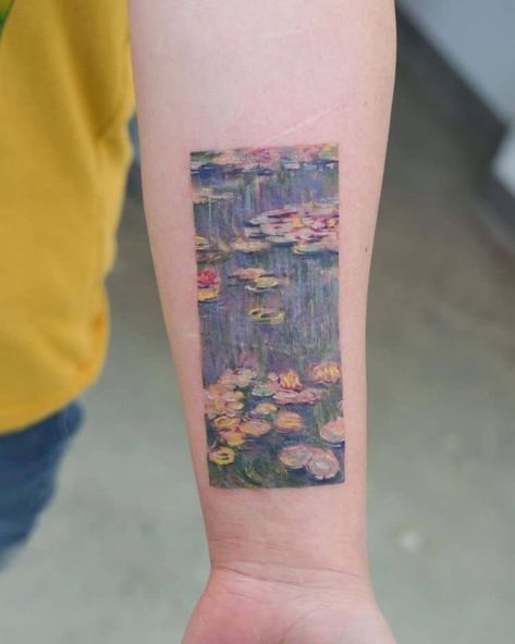 Impressionism Tattoo, Oil Painting Tattoo, Claude Monet Tattoo, Monet Tattoo Ideas, Pond Tattoo, Ethereal Tattoo Ideas, Fine Art Tattoo, Monet Tattoo, Art History Tattoo