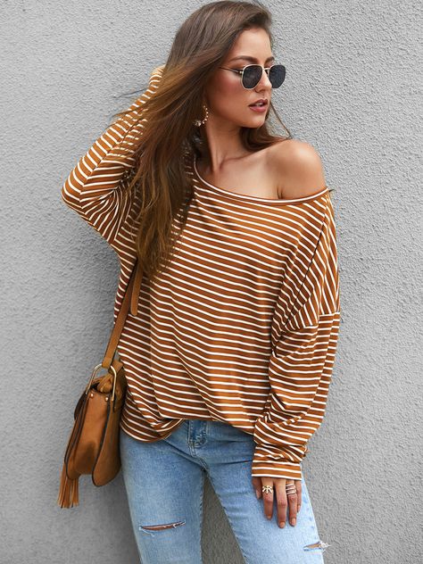 Khaki Stripe One Shoulder Long Sleeves Sweatshirt Striped Off Shoulder Top, Khaki Tops, T Shirt Long Sleeve, Stripe T Shirt, Loose Tees, Oversized Top, Shirt Long Sleeve, Plus Size Swimwear, Off Shoulder Tops